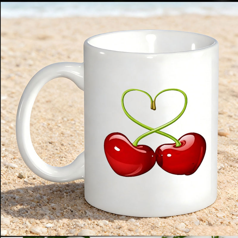 Tailorly White Ceramic 11 oz Mug - Glossy Red Heart Shaped Fruit With Green Curled Stems Forming Heart Cherry