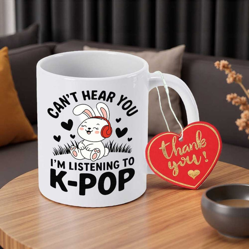 Tailorly White Ceramic 11 oz Mug - Cant Hear You Im Listening To K Pop Cute White Cartoon Character Wearing Red Headphones Among Hearts Bunny
