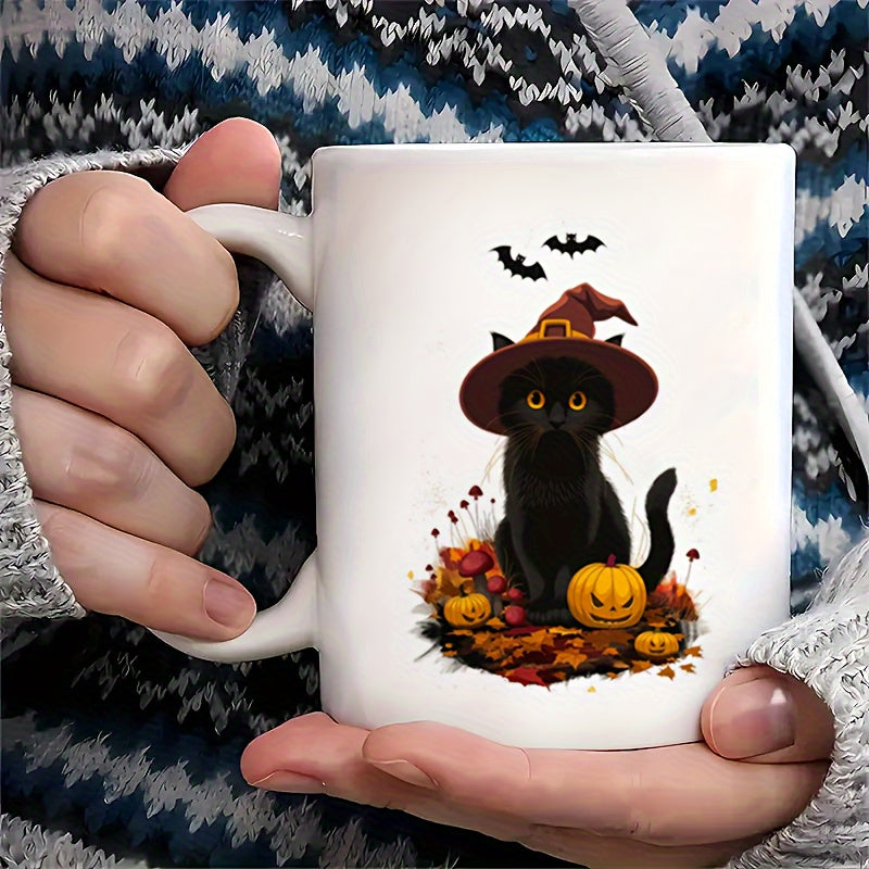 Tailorly White Ceramic 11 oz Mug - Mystical Witch Hat With Halloween Pumpkins And Autumn Leaves Black Cat