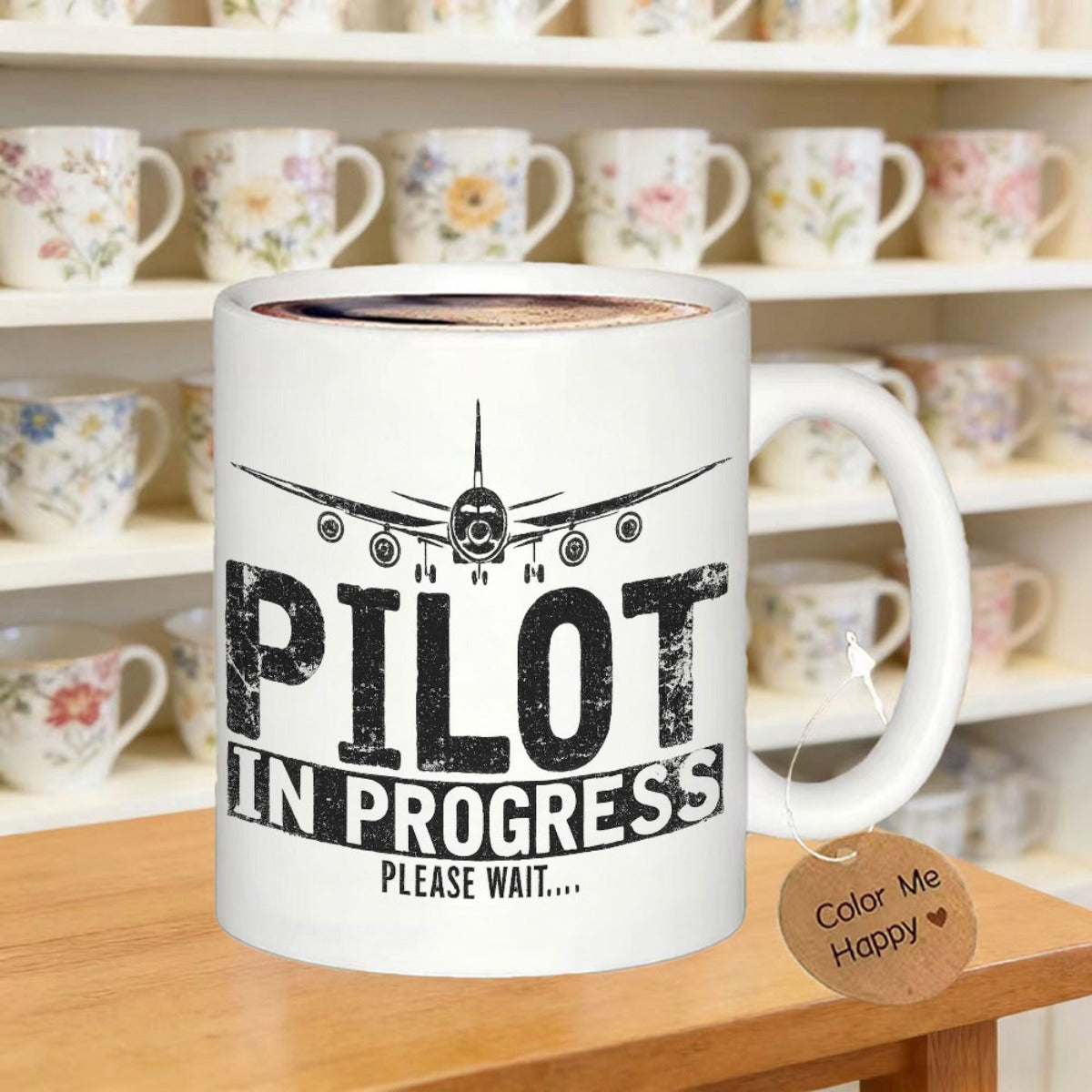 Tailorly White Ceramic 11 oz Mug - Pilot In Progress Please Wait Detailed Silhouette Of Commercial Jet Flying Across Sky Airplane
