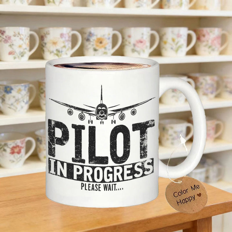 Tailorly White Ceramic 11 oz Mug - Pilot In Progress Please Wait Detailed Silhouette Of Commercial Jet Flying Across Sky Airplane