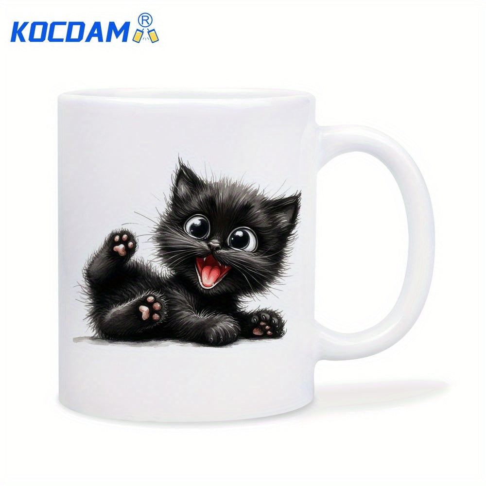 Tailorly White Ceramic 11 oz Mug - Adorable Fluffy Black Kitten Playing With Paws Up On White Surface Kitten