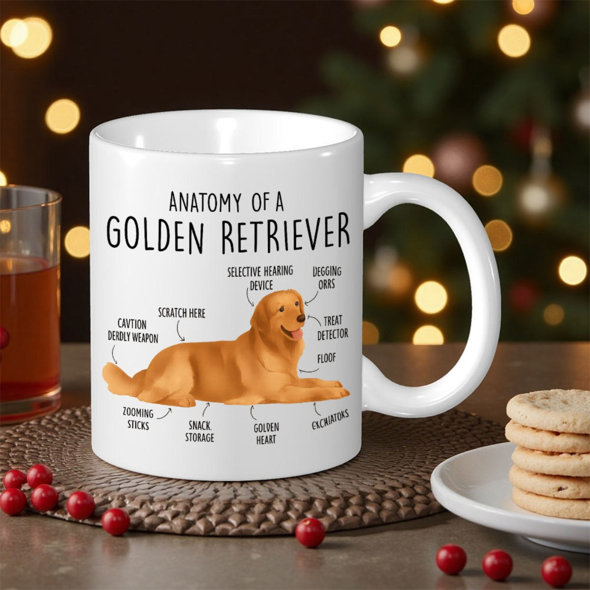 Tailorly White Ceramic 11 oz Mug - Anatomy Of A Golden Retriever Lying Down With Humorous Anatomical Labels Describing Its Charming Features Golden Retriever