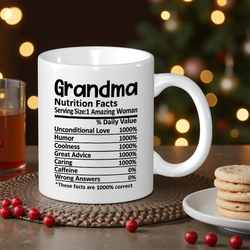 Tailorly White Ceramic 11 oz Mug - Grandma Nutrition Facts Minimalist White Ceramic Vessel With Bold Black Lettering Print Mug