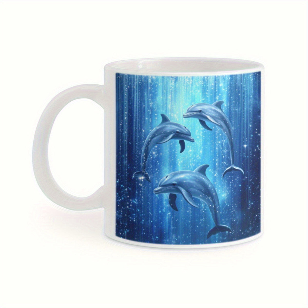 Tailorly White Ceramic 11 oz Mug - Graceful Dolphins Swimming Through Deep Blue Water With Sparkling Light Rays Dolphin