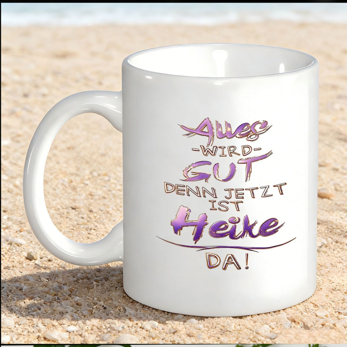 Tailorly White Ceramic 11 oz Mug - Clean White Ceramic Cup Placed On Soft Textured Beach Sand Mug