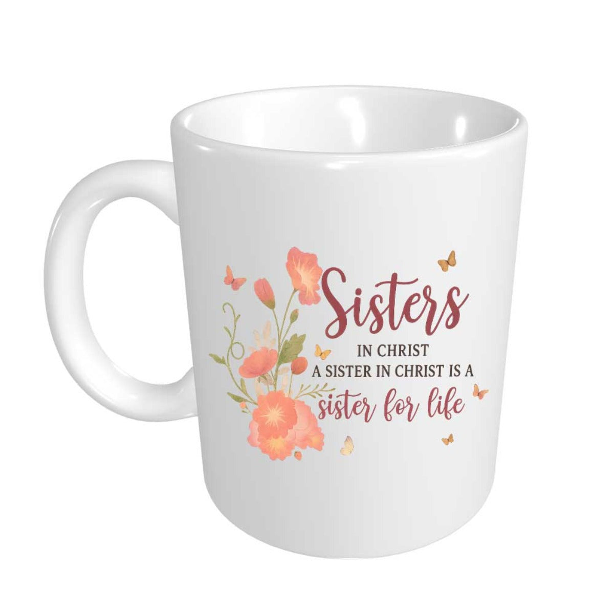 Tailorly White Ceramic 11 oz Mug - Sisters In Christ A Sister In Christ Is A Sister For Life Elegant Peach Blossoms With Butterflies Dancing Around Vibrant Green