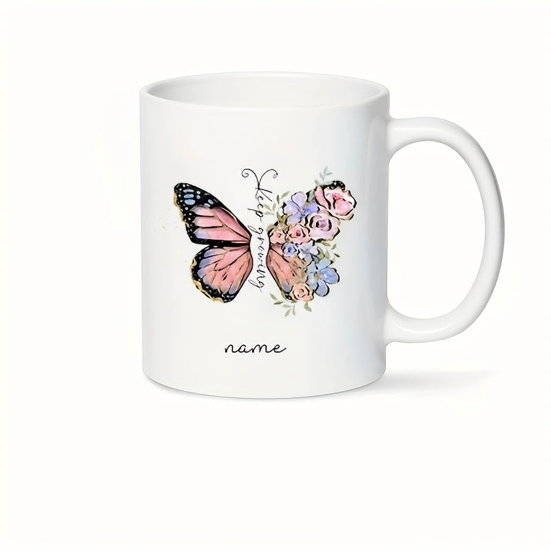 Tailorly White Ceramic 11 oz Mug - Keep Growing Half Wing Of Flowers With Vibrant Blooming Petals Butterfly