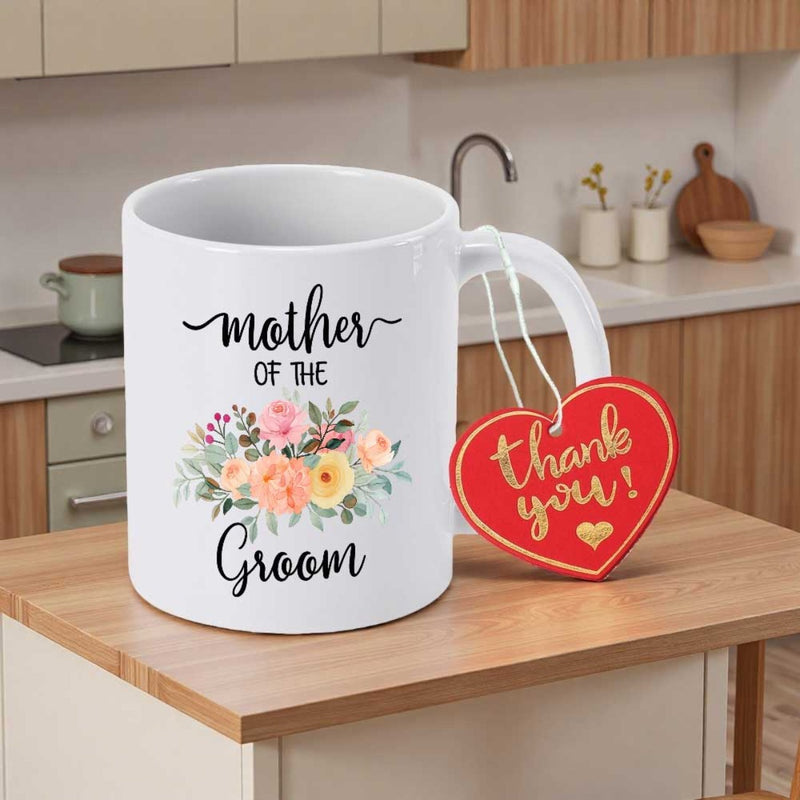 Tailorly White Ceramic 11 oz Mug - Mother Of The Groom Thank You Elegant Floral Bouquet Blooming With Pastel Roses And Lush Green Leaves Mug