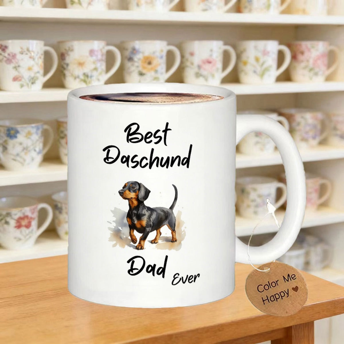 Tailorly White Ceramic 11 oz Mug - Best Dachshund Dad Ever Loyal Black Tan Puppy Standing Proudly Among Soft Watercolor Splashes Dachshund