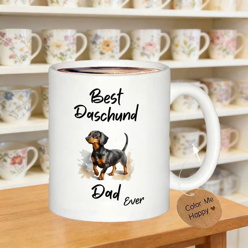 Tailorly White Ceramic 11 oz Mug - Best Dachshund Dad Ever Loyal Black Tan Puppy Standing Proudly Among Soft Watercolor Splashes Dachshund