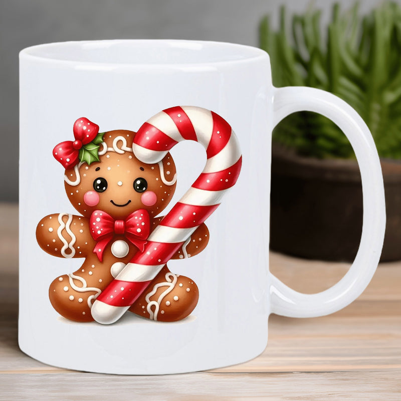 Tailorly White Ceramic 11 oz Mug - Festive Holiday Character Holding A Large Striped Candy Cane Cute Gingerbread