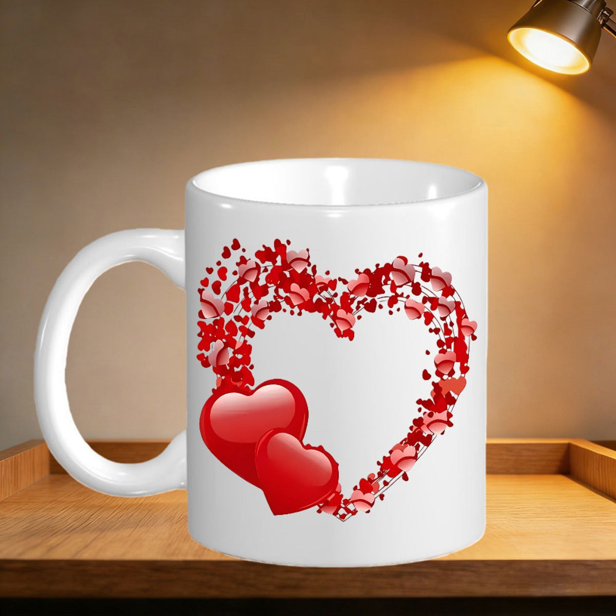 Tailorly White Ceramic 11 oz Mug - Vibrant Red Petals Forming A Wreath With Shiny Glossy Romantic Hearts Heart