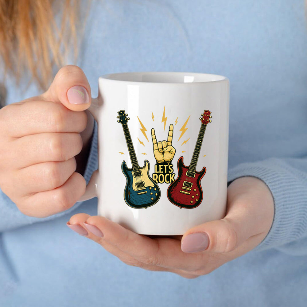 Tailorly White Ceramic 11 oz Mug - Lets Rock Two Vibrant Electric Guitars Flanking A Hand Gesture With Lightning Bolts Guitar