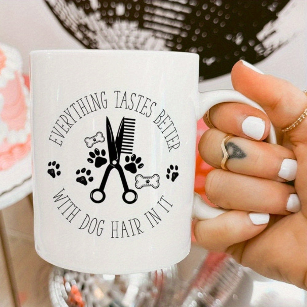 Tailorly White Ceramic 11 oz Mug - Everything Tastes Better With Dog Hair In It Black Scissors And Comb Surrounded By Small Paw Prints And Bones Mug