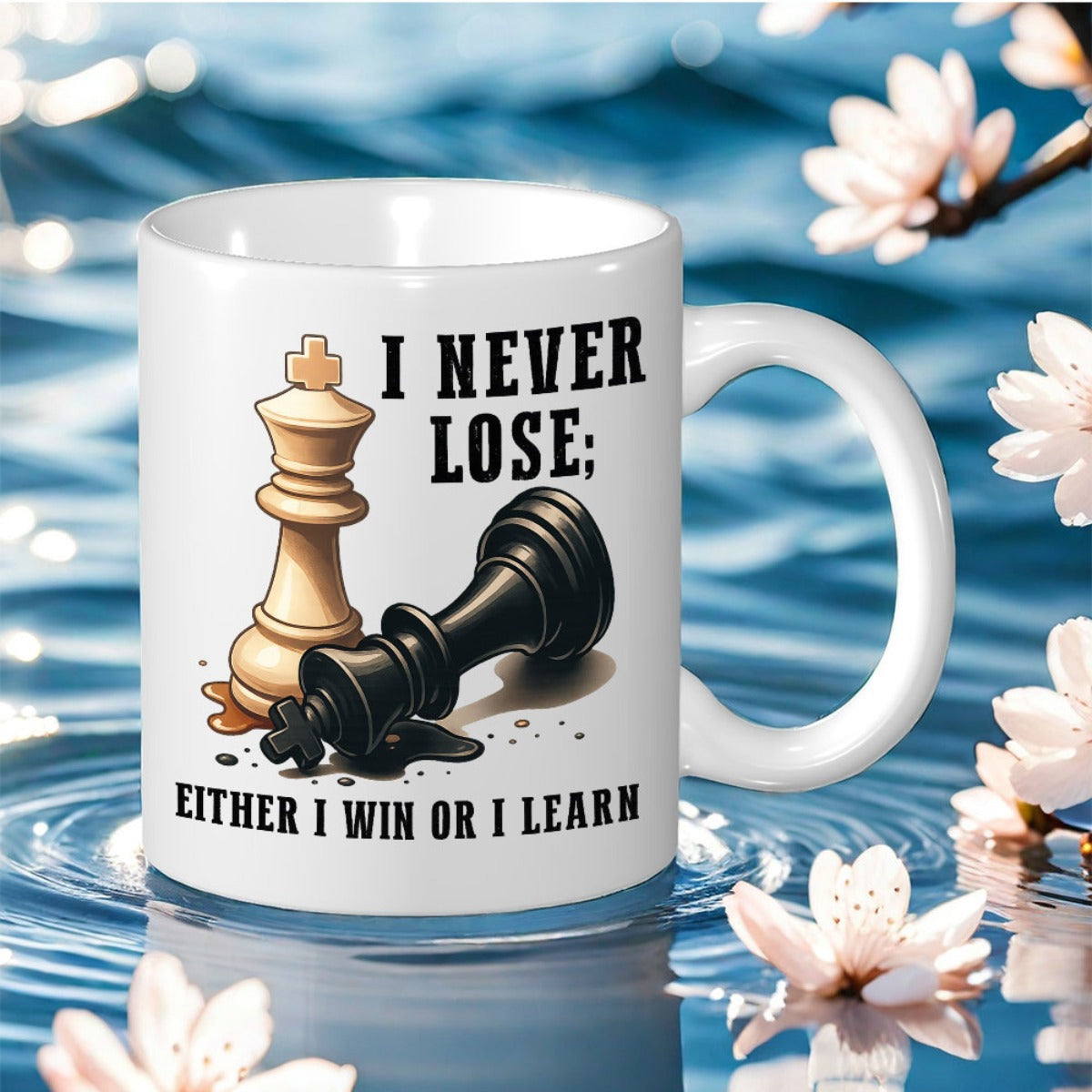 Tailorly White Ceramic 11 oz Mug - I Never Lose Either I Win Or I Learn Standing White King Beside Fallen Black Piece On White Background Chess