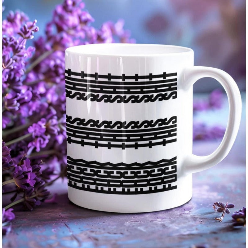 Tailorly White Ceramic 11 oz Mug - Horizontal Black Tribal Geometric Patterns Decorated On A White Minimalist Mug