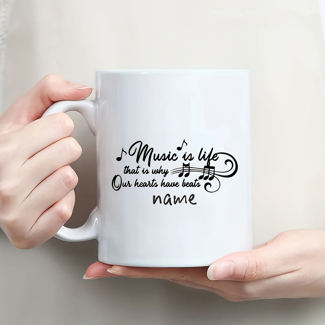 Tailorly White Ceramic 11 oz Mug - Music Is Life Our Hearts Have Beats Floating Artistic Musical Notes With Elegant Swirls Decorating Musical Notes