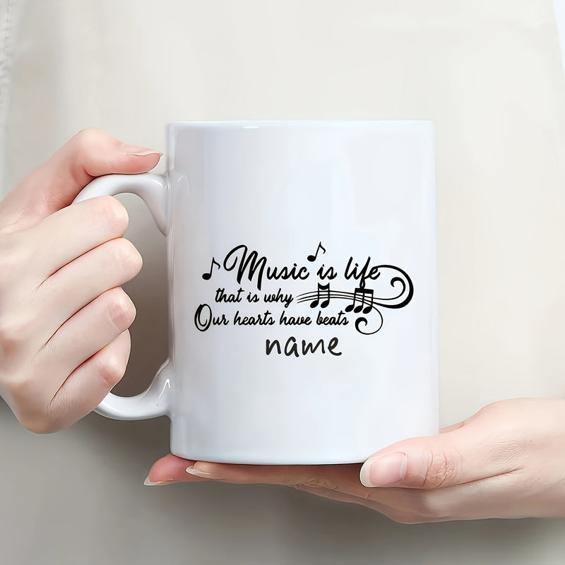 Tailorly White Ceramic 11 oz Mug - Music Is Life Our Hearts Have Beats Floating Artistic Musical Notes With Elegant Swirls Decorating Musical Notes