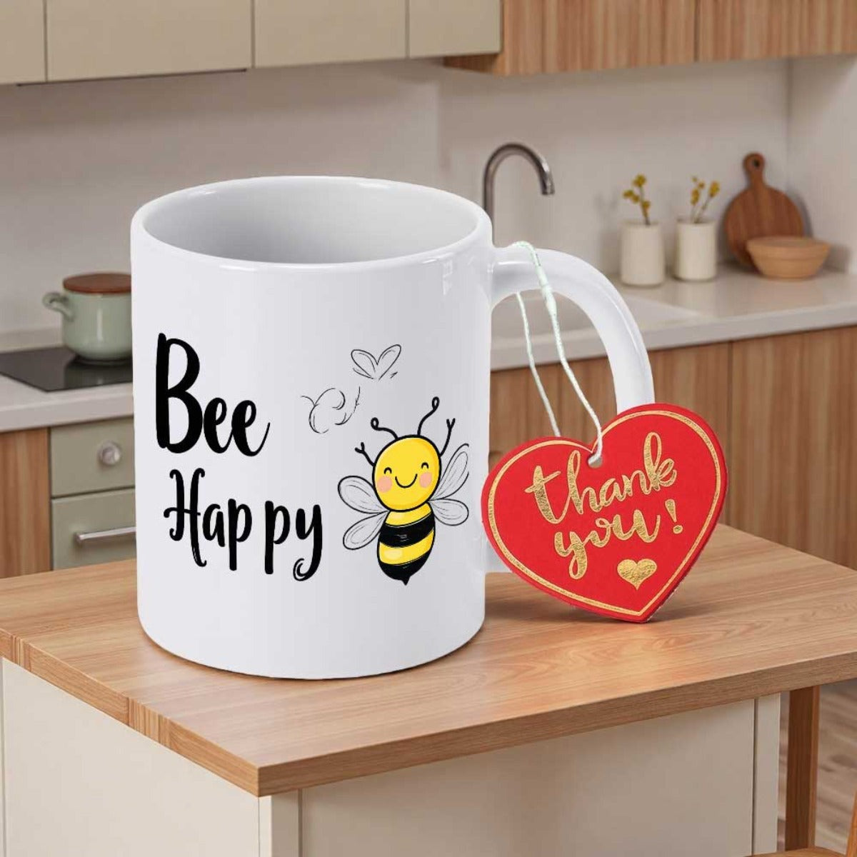Tailorly White Ceramic 11 oz Mug - Bee Happy Thank You Smiling Cartoon Bumblebee Flying With Small Heart Trail Bee