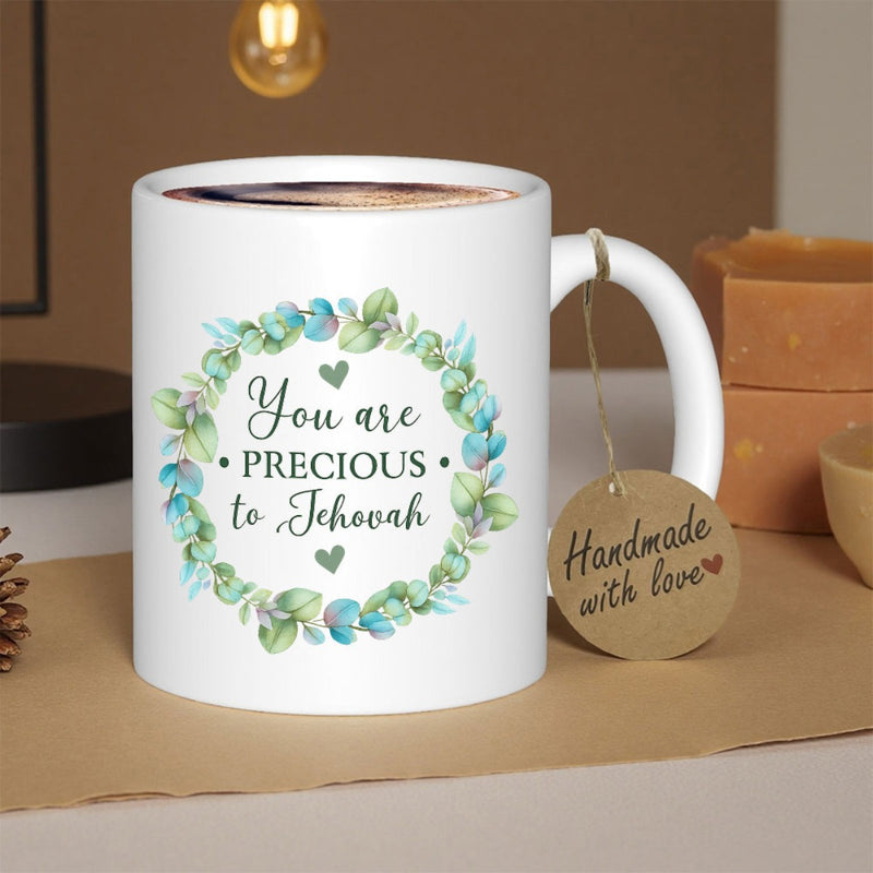 Tailorly White Ceramic 11 oz Mug - You Are Precious To Jehovah Lush Green Eucalyptus Leaves Forming A Delicate Circular Botanical Wreath Mug