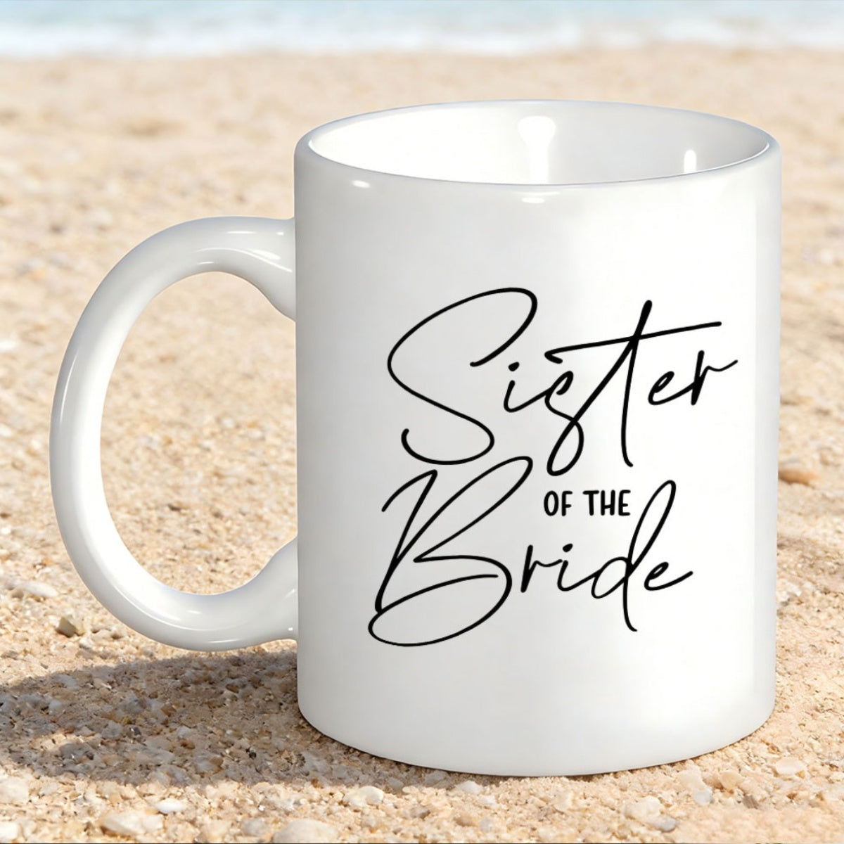 Tailorly White Ceramic 11 oz Mug - Sister Of The Bride Minimalist White Ceramic Cup Resting On Warm Textured Coastal Sand Mug