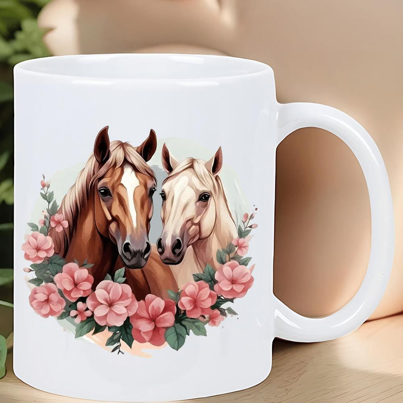 Tailorly White Ceramic 11 oz Mug - Majestic Pair Of Brown And Cream Horses Surrounded By Delicate Pink Flowers Horse