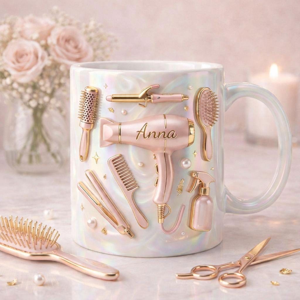Tailorly White Ceramic 11 oz Mug - Anna Elegant Rose Gold Hair Styling Tools With Delicate Brushes And Combs Mug