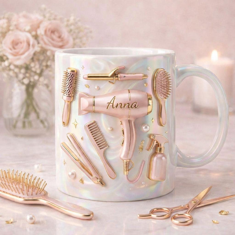 Tailorly White Ceramic 11 oz Mug - Anna Elegant Rose Gold Hair Styling Tools With Delicate Brushes And Combs Mug