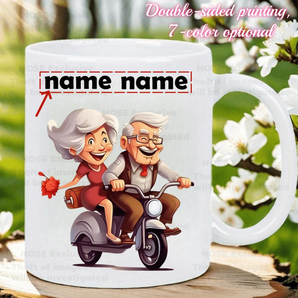 Tailorly White Ceramic 11 oz Mug - Name Name Happy Elderly Couple Riding A Vintage Scooter Through Sunny Outdoors Couple