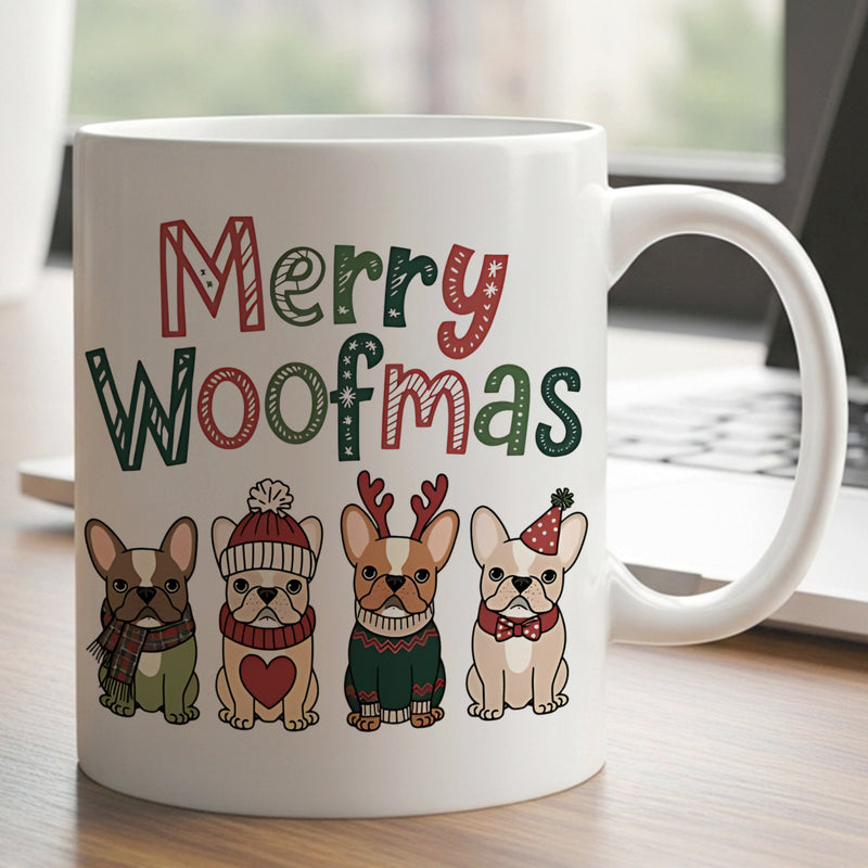 Tailorly White Ceramic 11 oz Mug - Merry Woofmas Four Small French Bulldogs Wearing Festive Christmas Outfits And Warm Accessories Bulldog