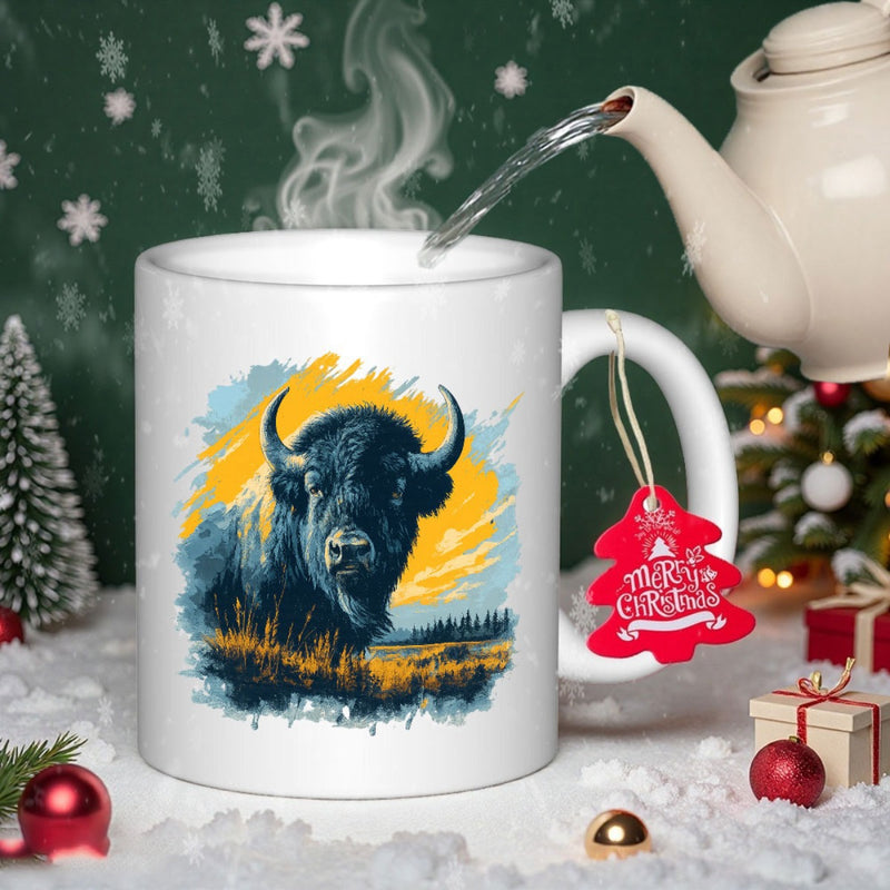 Tailorly White Ceramic 11 oz Mug - Majestic Wild Animal Standing Proudly Within Golden Sunset Meadows Bison