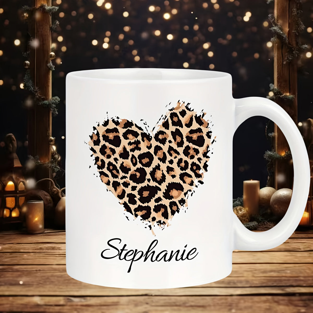 Tailorly White Ceramic 11 oz Mug - Stephanie Artistic Heart Shaped Leopard Print With Black And Tan Spots Heart