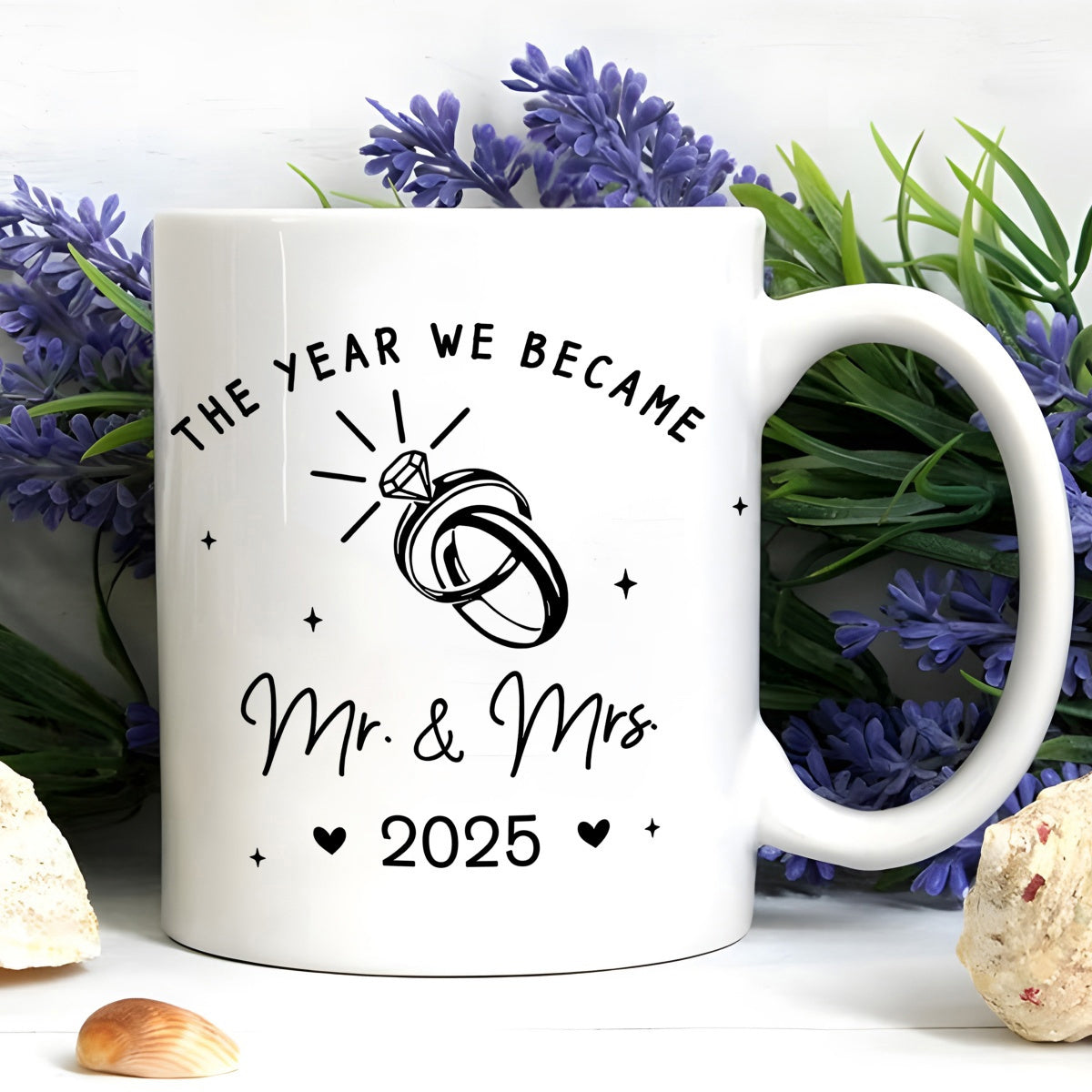 Tailorly White Ceramic 11 oz Mug - The Year We Became Mr Mrs 2025 Interlocking Wedding Bands Surrounded By Sparkling Stars For Union Rings