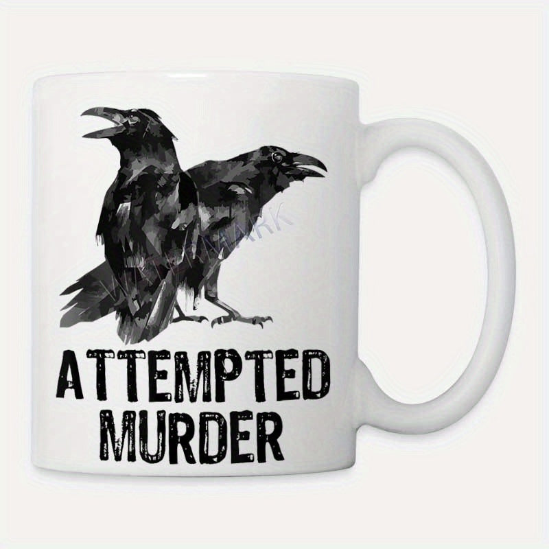 Tailorly White Ceramic 11 oz Mug - Attempted Murder Artistic Hand Painted Style Two Black Birds Perching Together Raven