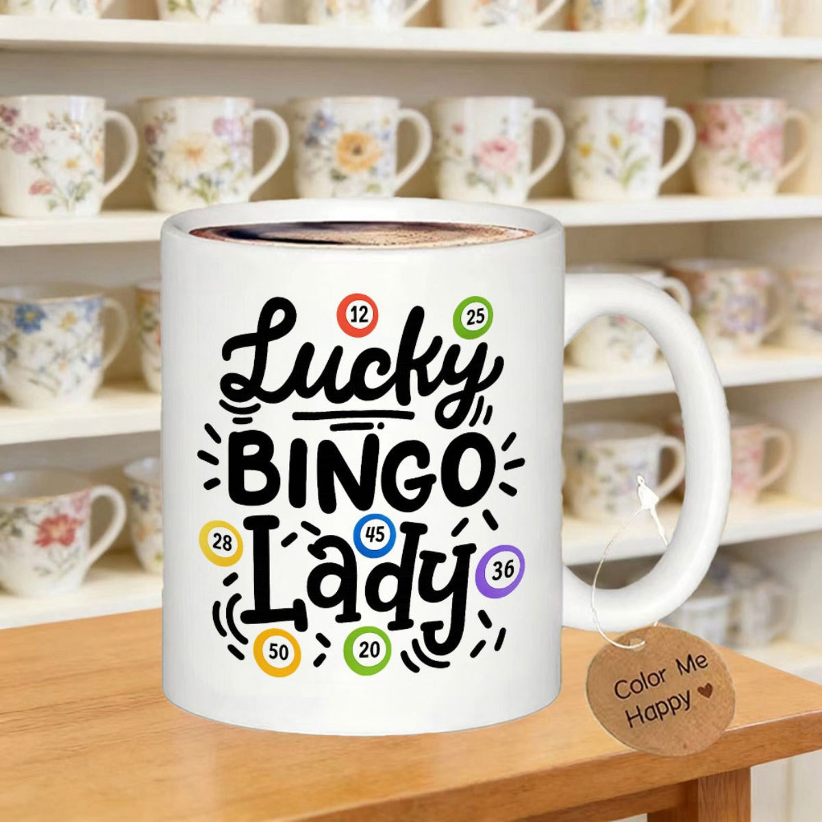 Tailorly White Ceramic 11 oz Mug - Lucky Bingo Lady Vibrant Colorful Balls With Decorative Accents And Bold Script Mug