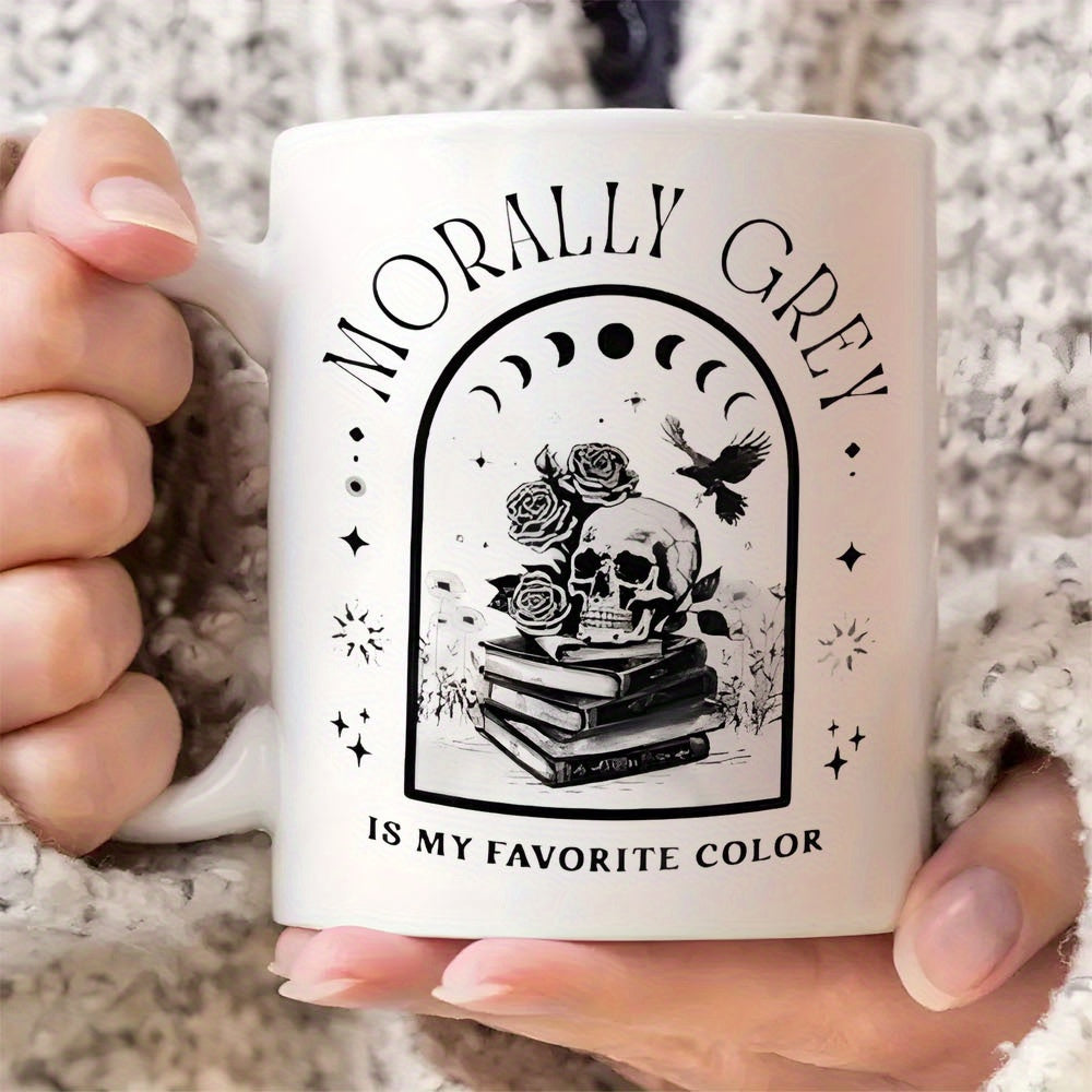 Tailorly White Ceramic 11 oz Mug - Morally Grey Is My Favorite Color Mystical Archway With Moon Phases Above A Stack Of Ancient Books Skull