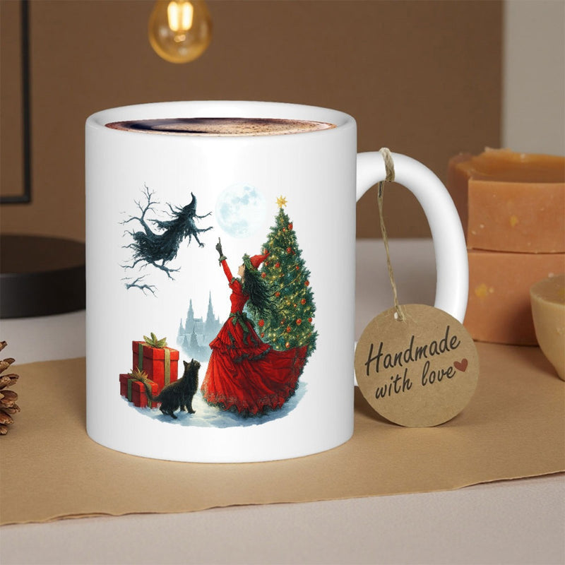 Tailorly White Ceramic 11 oz Mug - Handmade With Love Enchanting Woman In Red Dress Decorating Christmas Tree Under Full Moon Woman