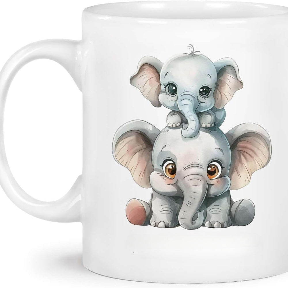 Tailorly White Ceramic 11 oz Mug - Adorable Little Baby Elephants Stacked One On Top Of Another Elephant