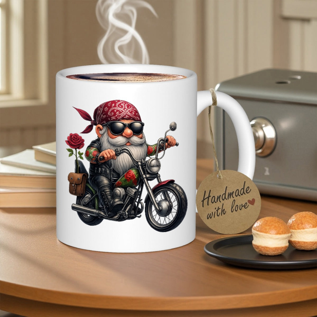 Tailorly White Ceramic 11 oz Mug - Cool Bearded Biker Wearing Red Bandana Riding A Classic Black Motorcycle Gnome