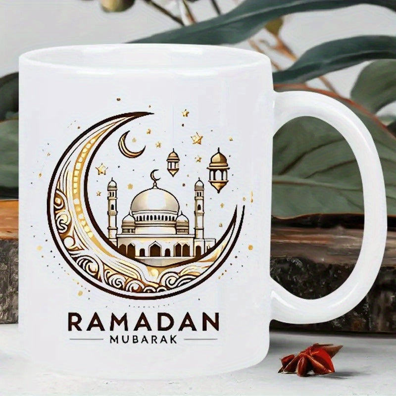 Tailorly White Ceramic 11 oz Mug - Ramadan Mubarak Elegant Golden Moon With Mosque And Hanging Lanterns Among Stars Crescent