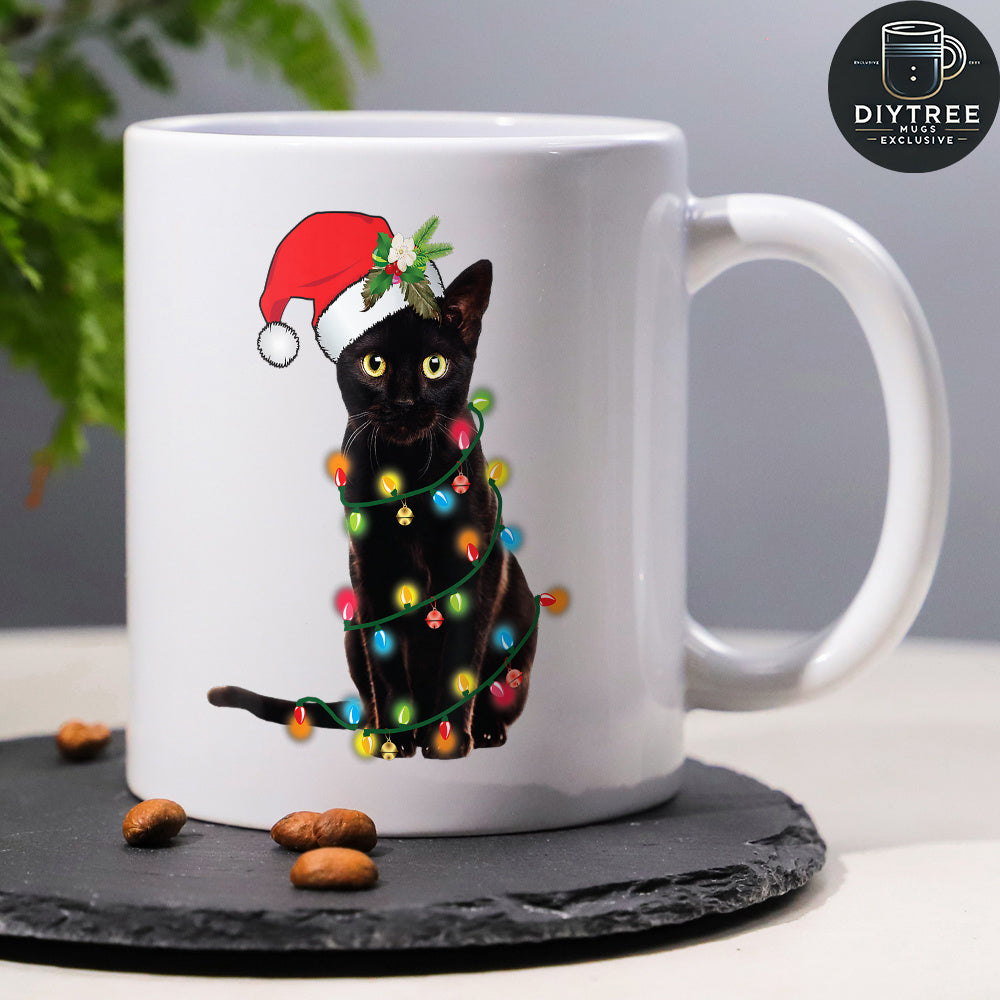 Tailorly White Ceramic 11 oz Mug - Festive Black Cat Wearing Santa Hat Wrapped In Colorful Twinkling Christmas Lights Cat