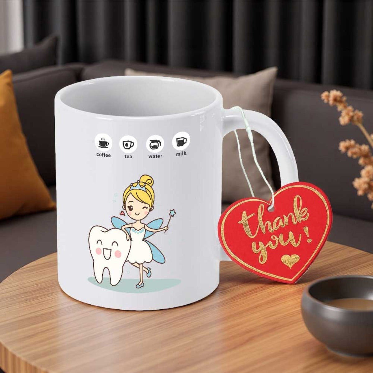 Tailorly White Ceramic 11 oz Mug - Coffee Tea Water Milk Thank You Smiling Tooth Next To A Small Fairy Holding A Magic Wand Fairy
