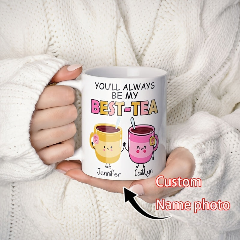 Tailorly White Ceramic 11 oz Mug - Youll Always Be My Best Tea Two Small Smiling Ceramic Cups Holding Hands Together In Friendship Mug