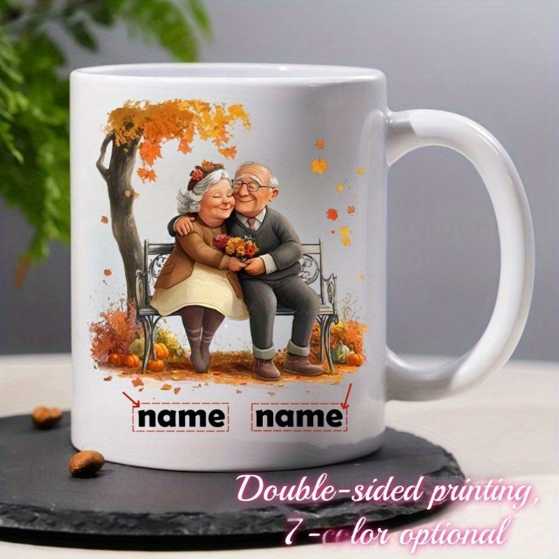 Tailorly White Ceramic 11 oz Mug - Loving Elderly Couple Sitting On Bench Under Golden Autumn Tree Couple
