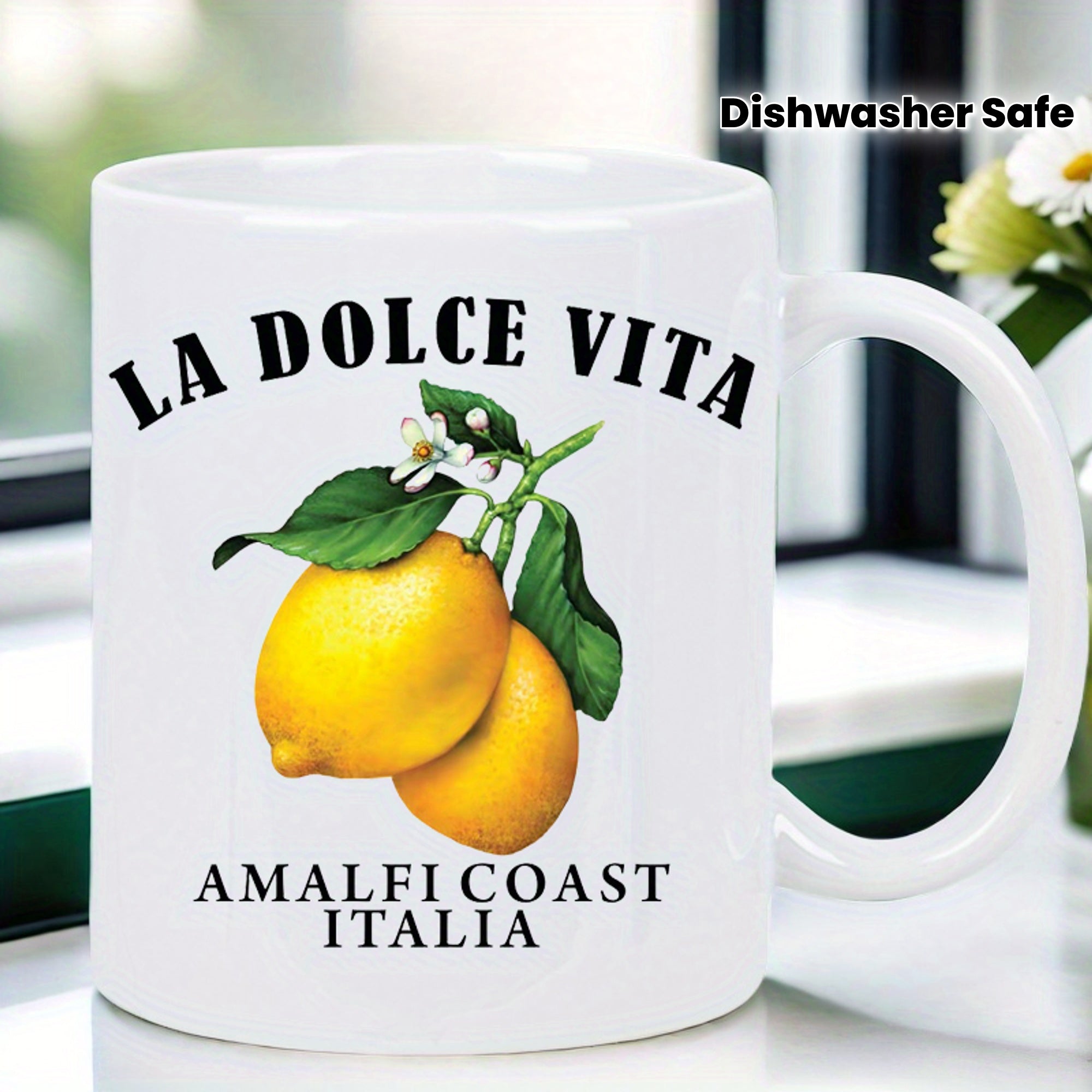Tailorly White Ceramic 11 oz Mug - La Dolce Vita Amalfi Coast Italia Vibrant Yellow Fruit Among Green Leaves And White Flowers Lemon