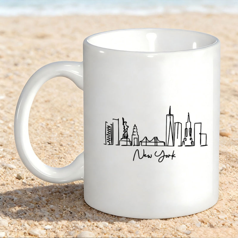 Tailorly White Ceramic 11 oz Mug - New York Minimalist Black Line Art Showing Famous Landmarks And City Skyline