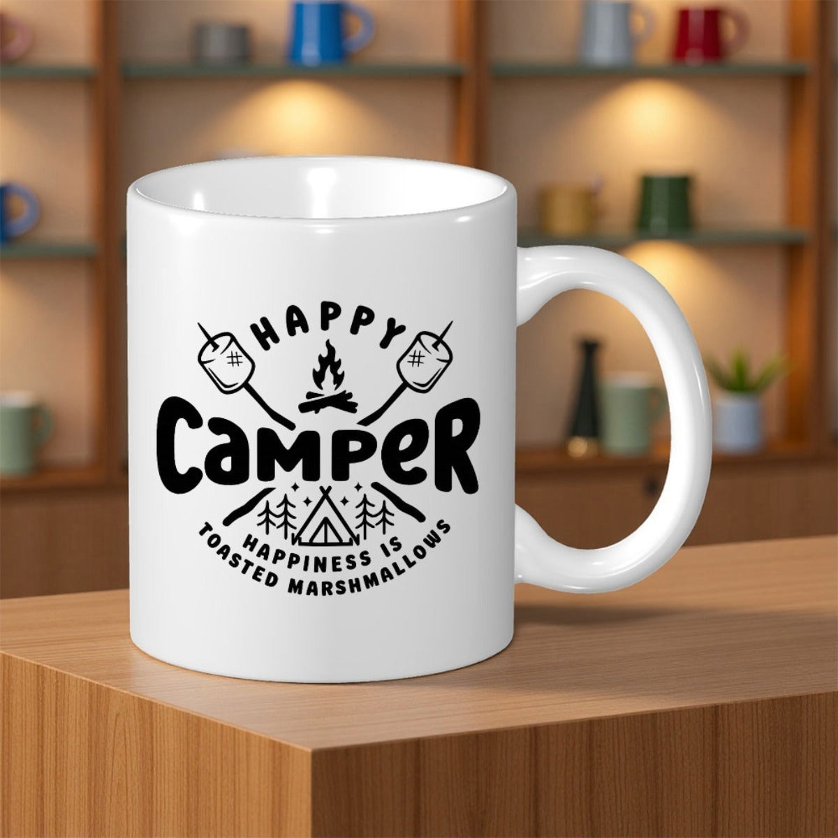 Tailorly White Ceramic 11 oz Mug - Happy Camper Happiness Is Toasted Marshmallows Rustic Outdoor Scenery With Roasting Marshmallows And A Small Tent Camper