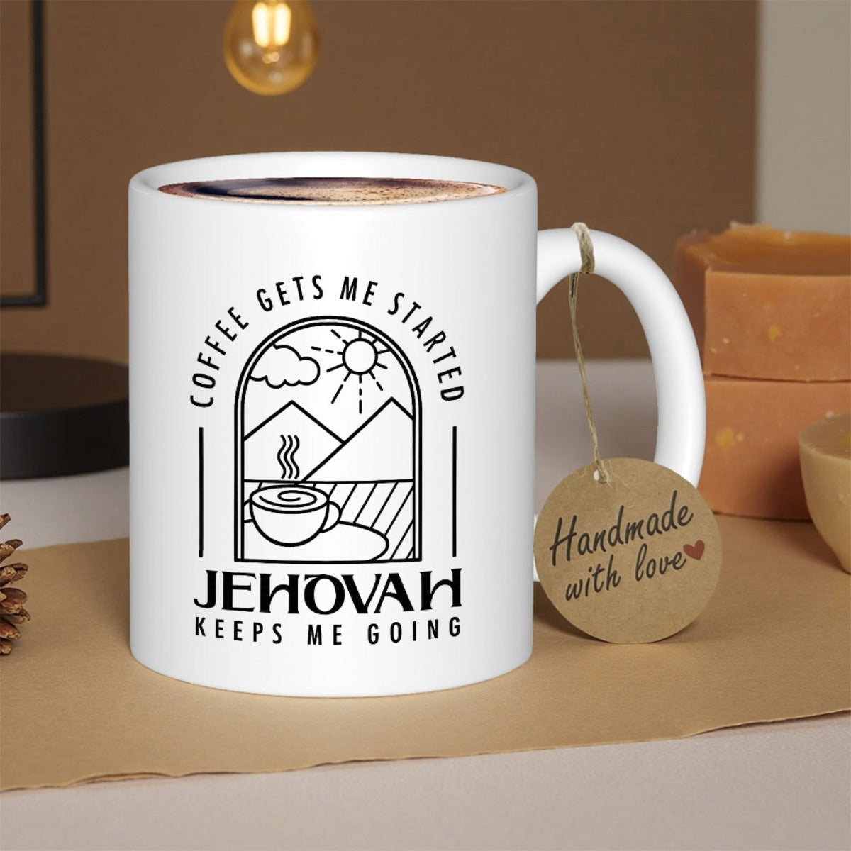 Tailorly White Ceramic 11 oz Mug - Coffee Gets Me Started Jehovah Keeps Me Going Minimalist Line Art Drawing Of Mountains With Rising Sun And Steaming Mug