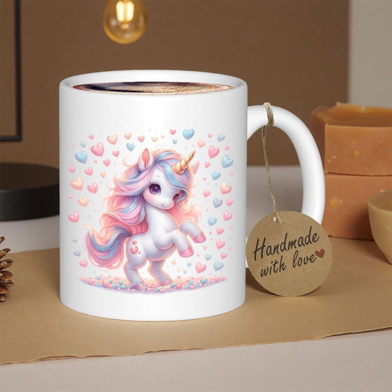 Tailorly White Ceramic 11 oz Mug - Handmade With Love Magical Pastel Prancing Among Floating Soft Pink And Blue Hearts Unicorn